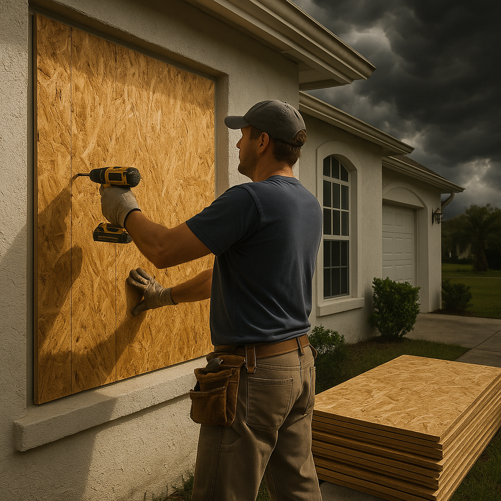 Crew installing plywood board-up over residential windows before hurricane