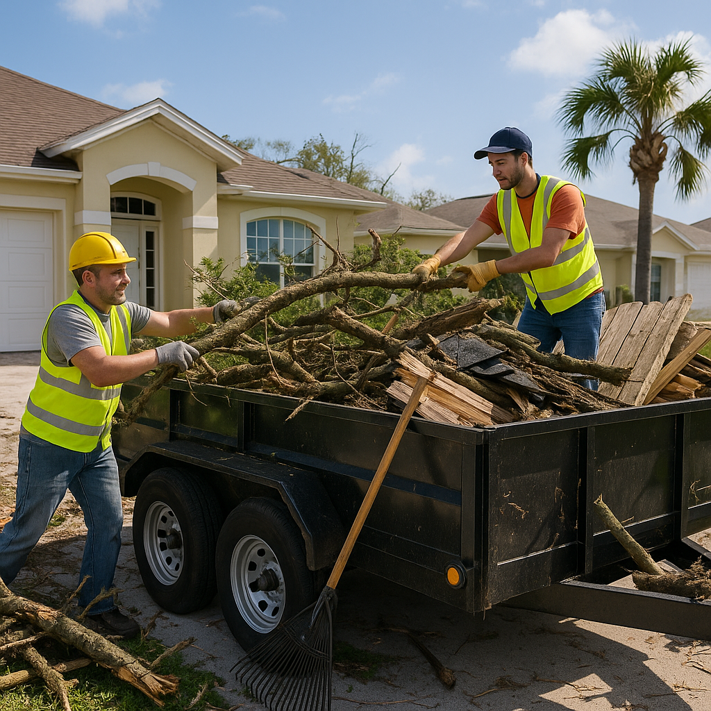 Hurricane debris removal crew clearing fallen trees and storm debris from residential yard