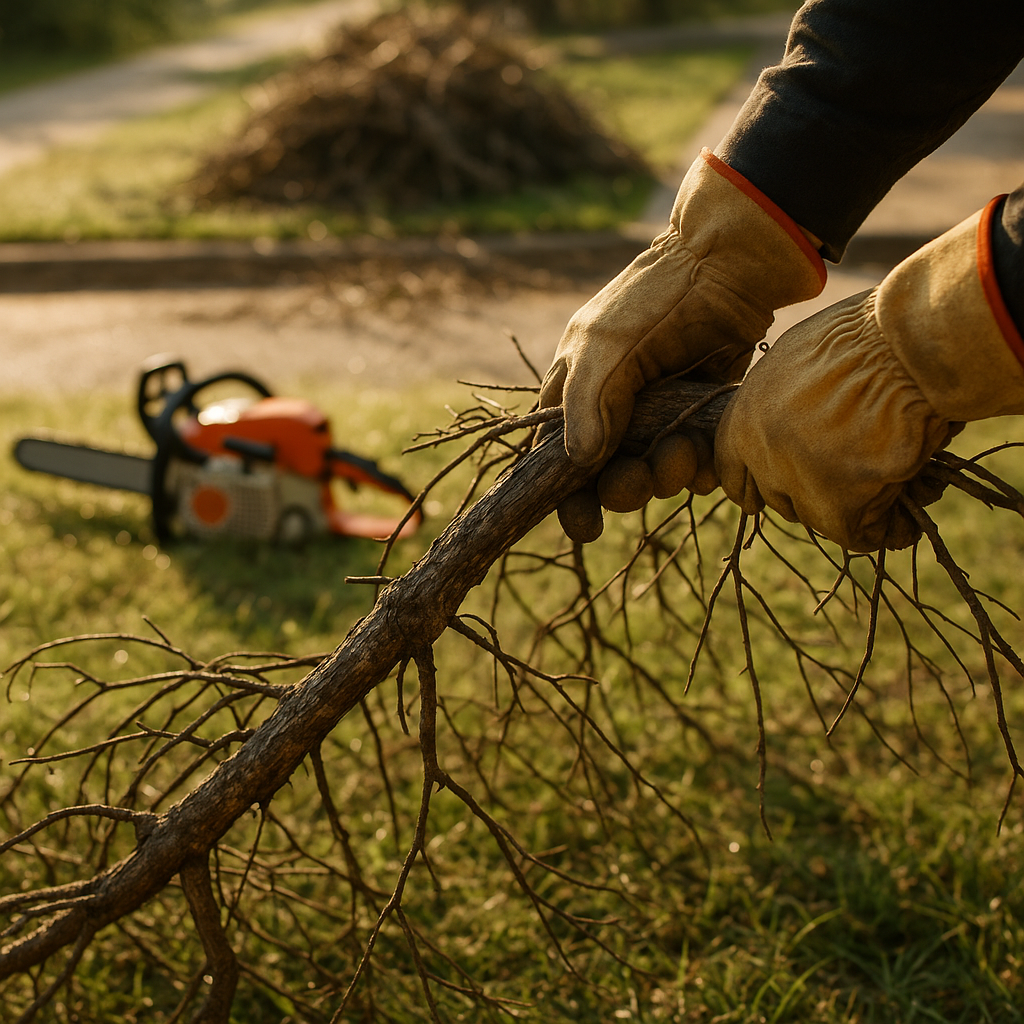 Post-hurricane property cleanup with curbside debris staging for municipal pickup