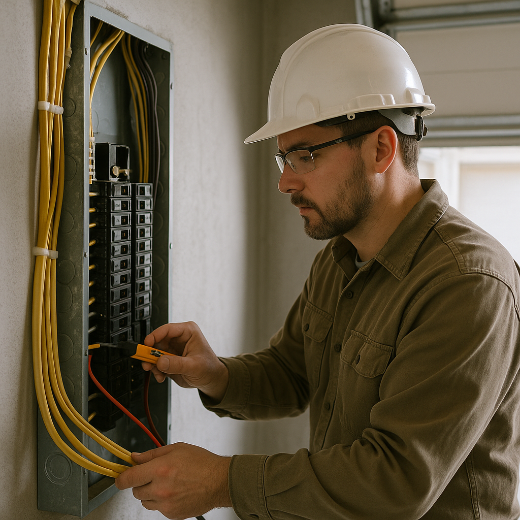 Electrician performing post-storm electrical panel inspection and repair