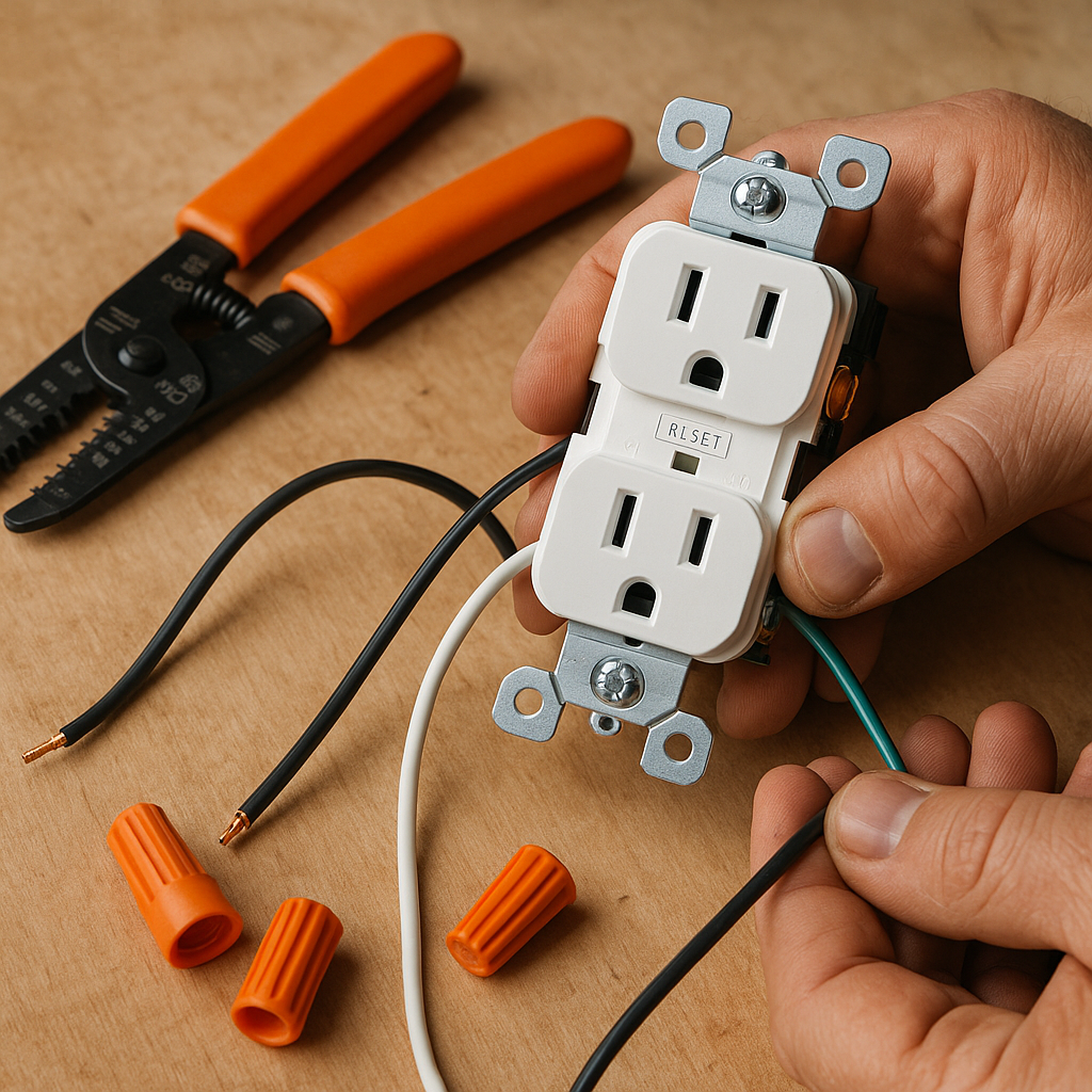 Residential electrician working on home electrical panel and surge protection
