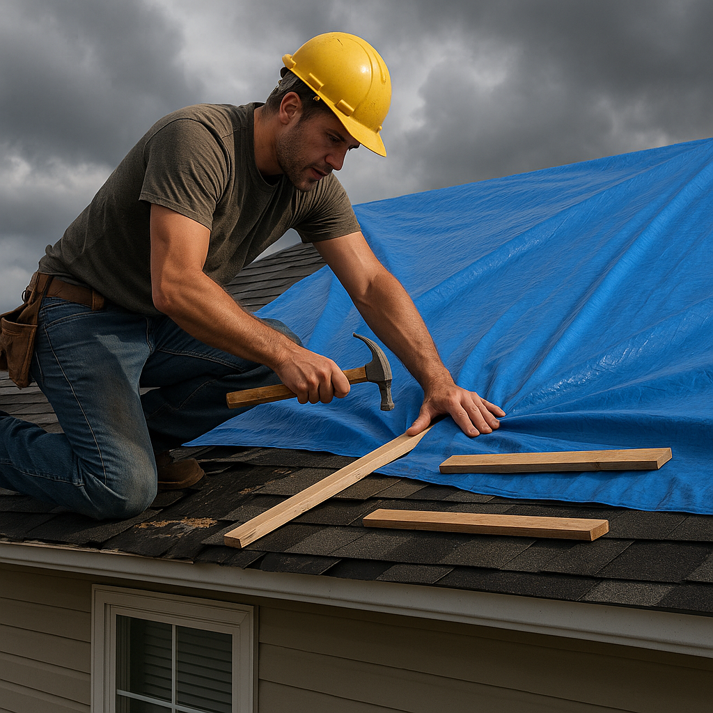 Emergency roof tarping installation on hurricane-damaged residential roof