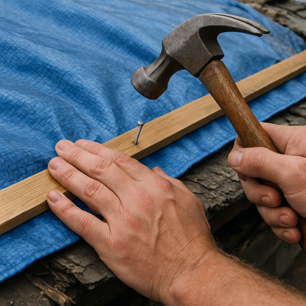 Reinforced hurricane tarp protecting storm-damaged home from further water intrusion