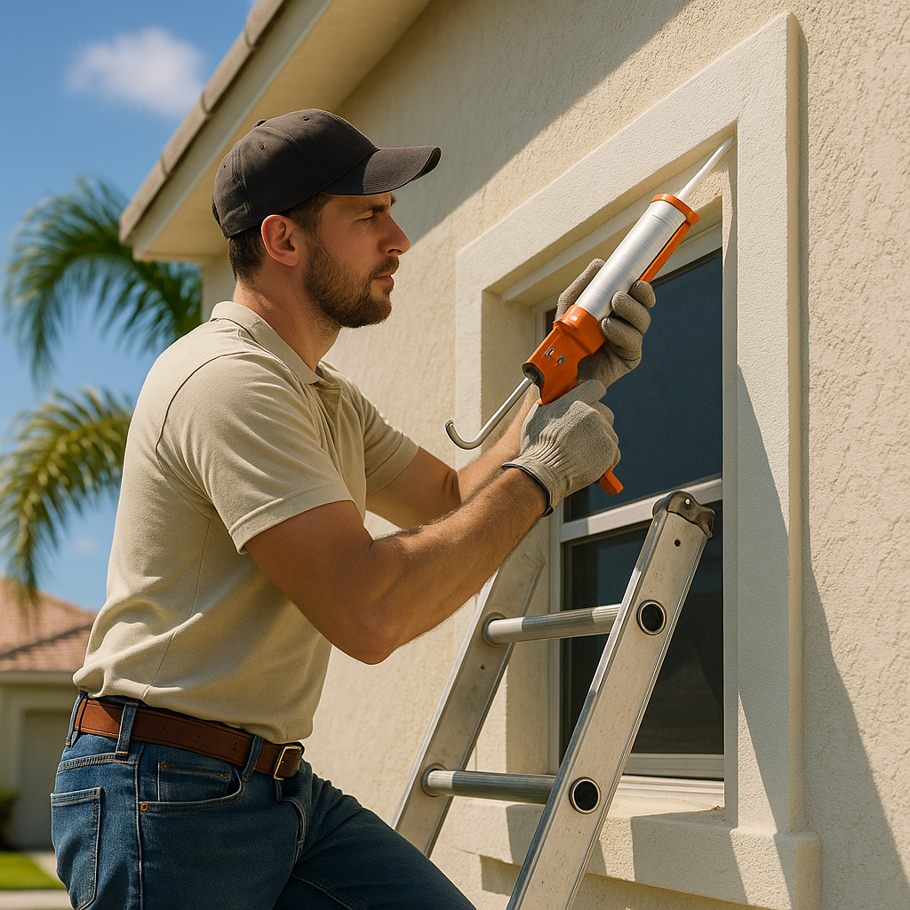 Worker applying sealant around windows for hurricane weatherproofing