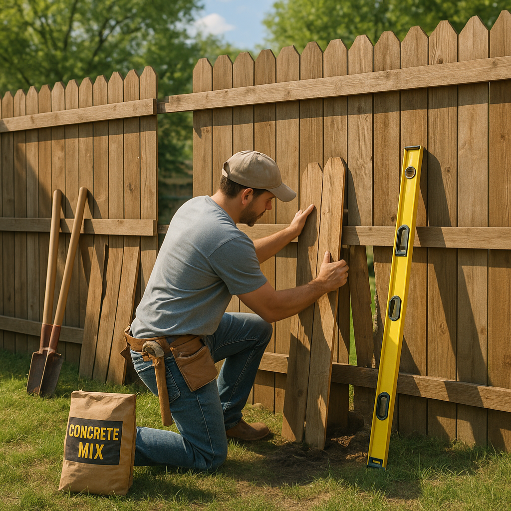 Contractor performing wood fence repair after hurricane wind damage