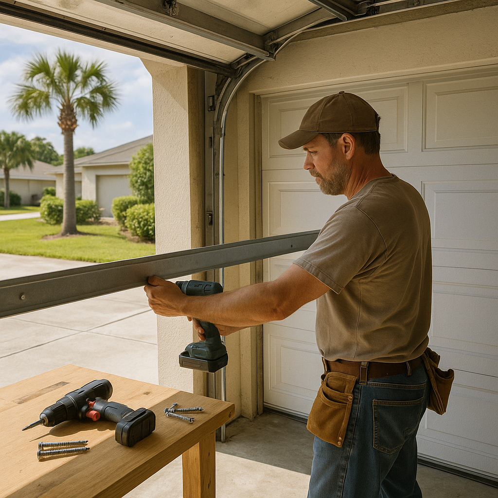 Contractor installing hurricane garage door bracing kit and wind reinforcement