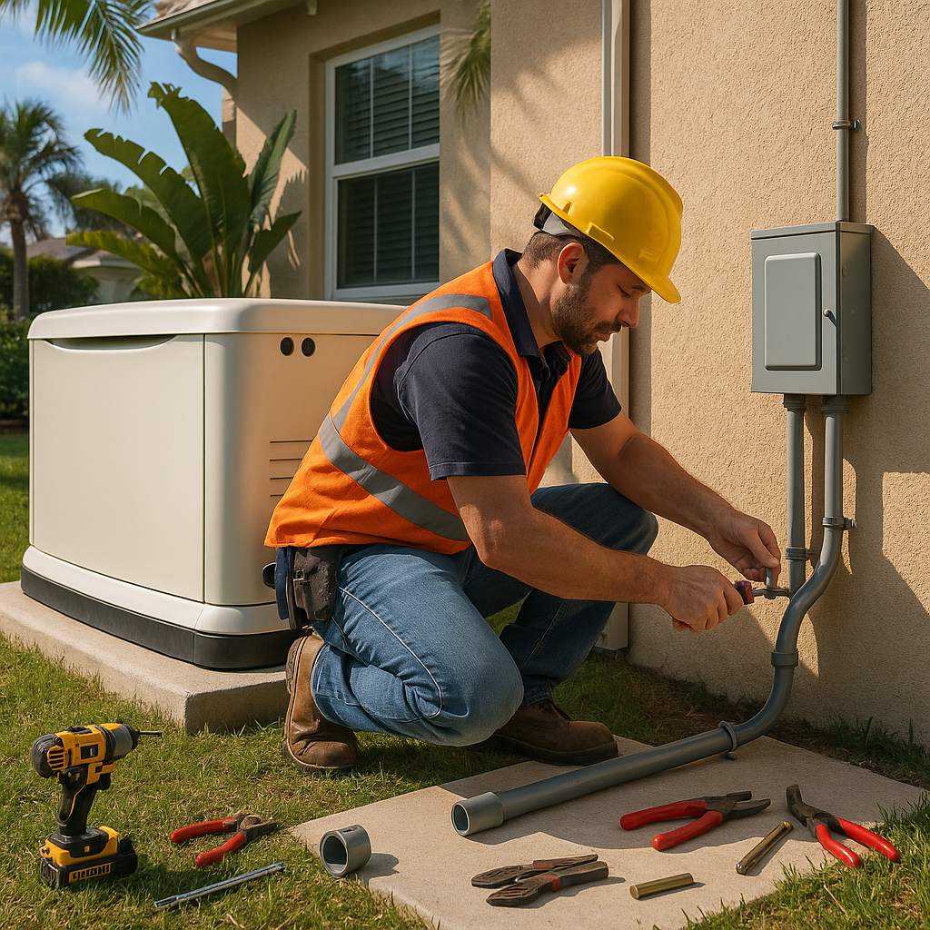 Electrician installing whole-home standby generator with transfer switch