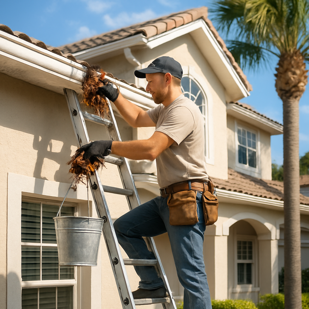 Worker performing pre-hurricane gutter cleaning and downspout flush