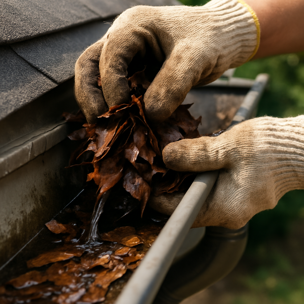 Professional gutter cleaning service removing debris before storm season