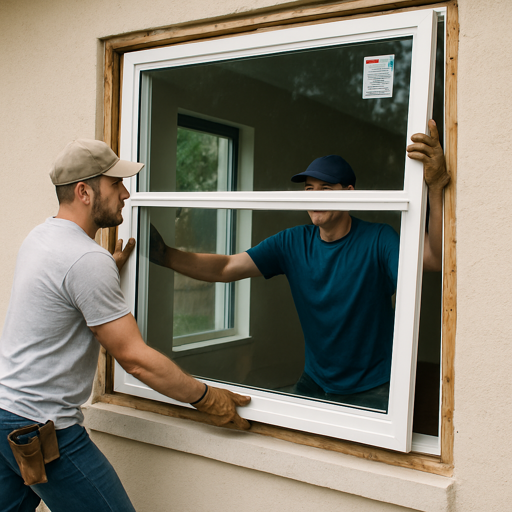 Contractor installing hurricane impact windows on a coastal home