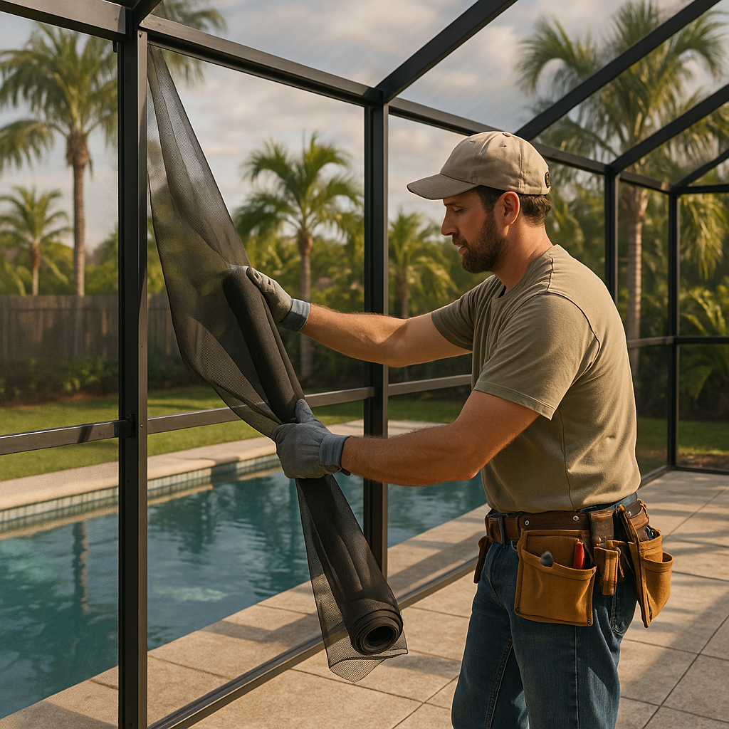 Specialist removing lanai screen panels before a hurricane for safe storage