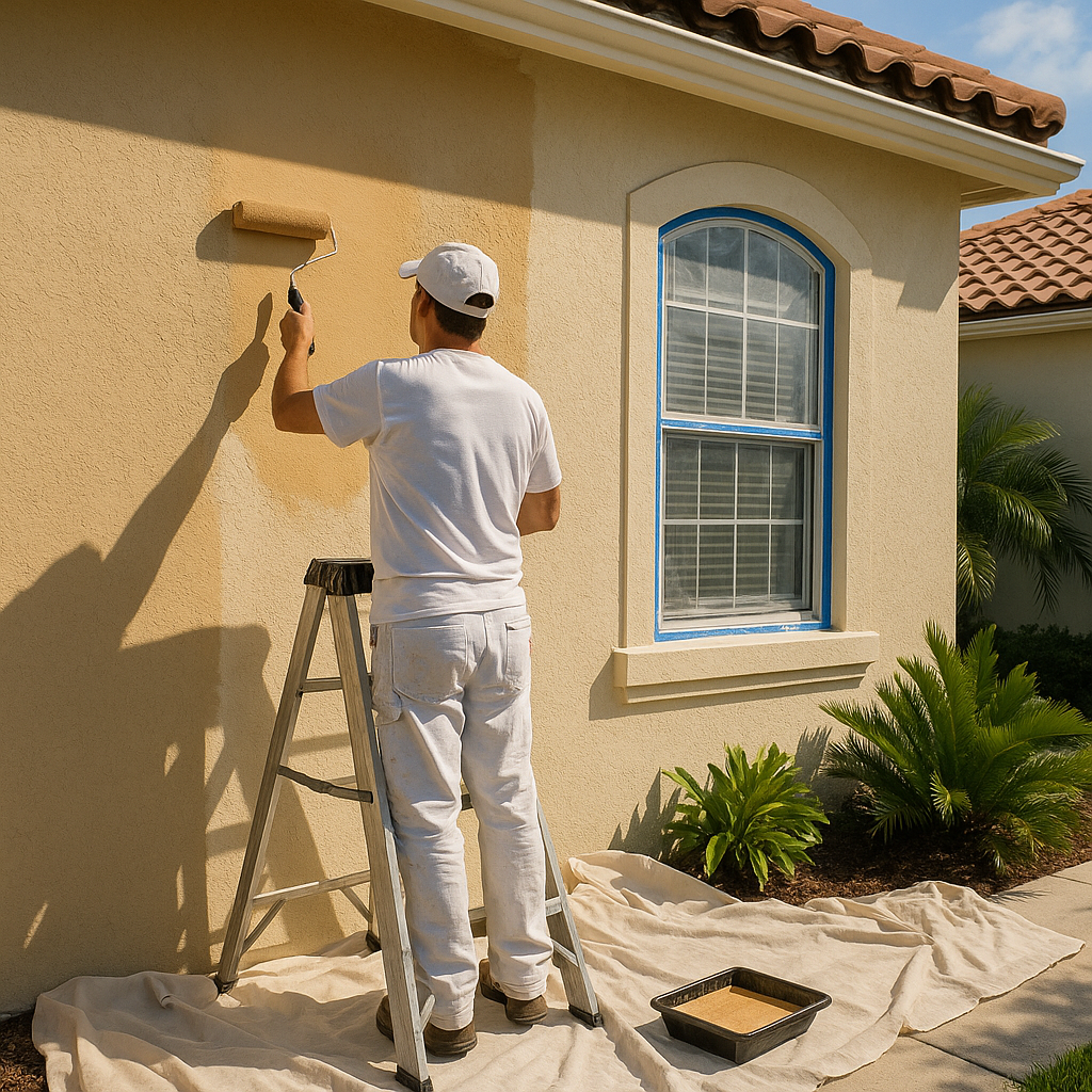 Professional painter applying exterior paint to coastal home for hurricane recovery