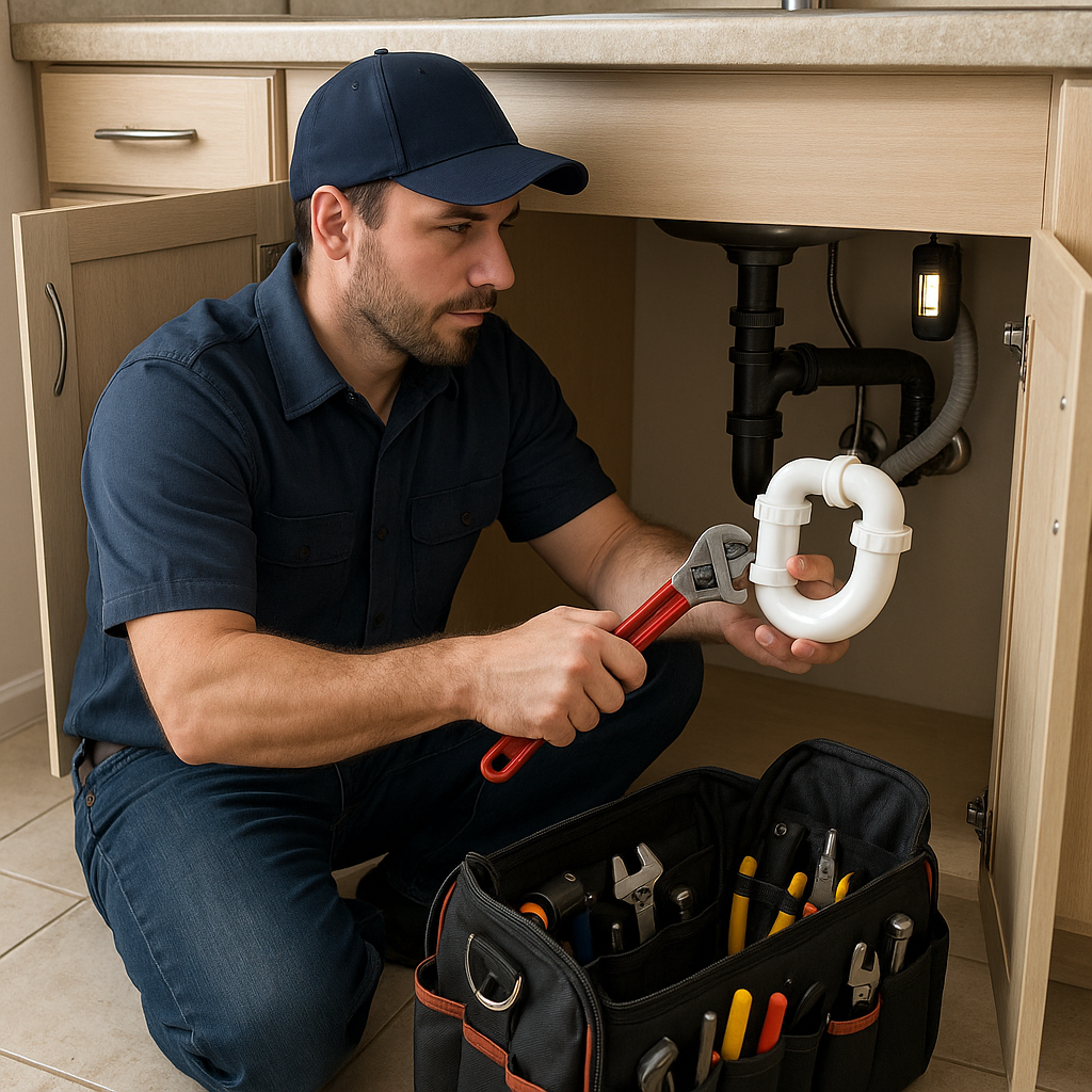 Plumber performing emergency leak repair on residential plumbing