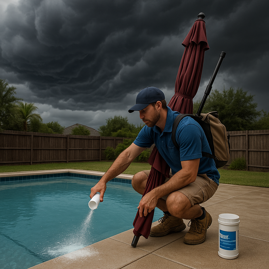 Pool service technician preparing inground swimming pool for hurricane
