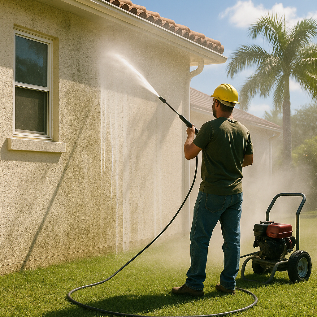 Pressure washing pro cleaning concrete driveway after hurricane
