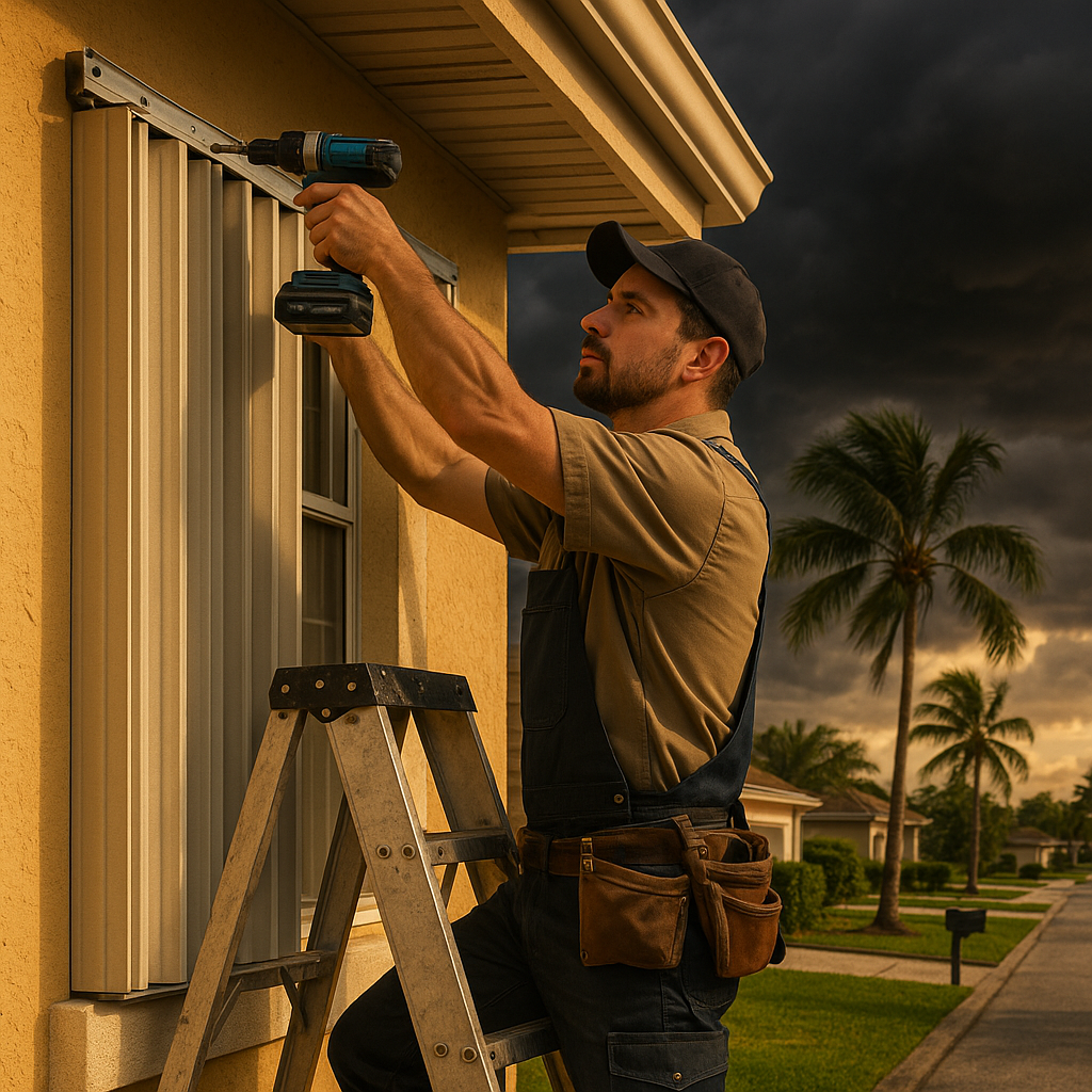 Local handyman installing hurricane shutters on a home before a storm