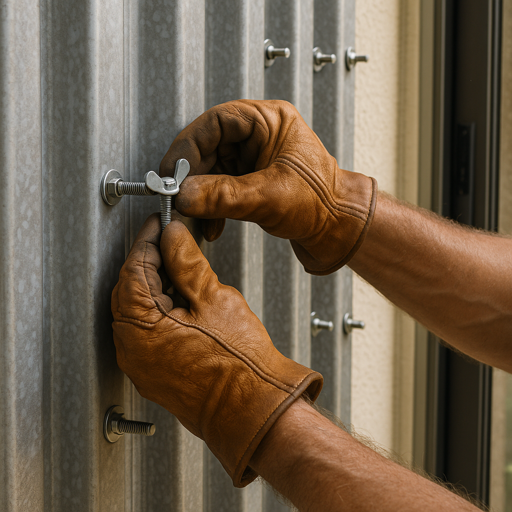 Contractor putting up storm panels and securing hurricane protection
