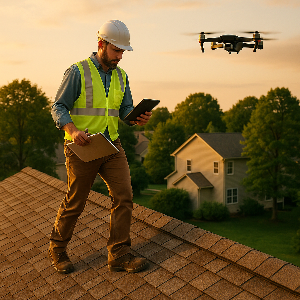 Roof inspector documenting hurricane damage with photos and written report