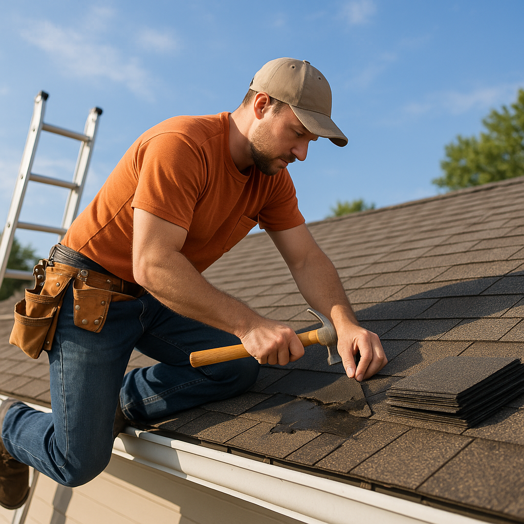 Roofer repairing storm-damaged shingles after hurricane