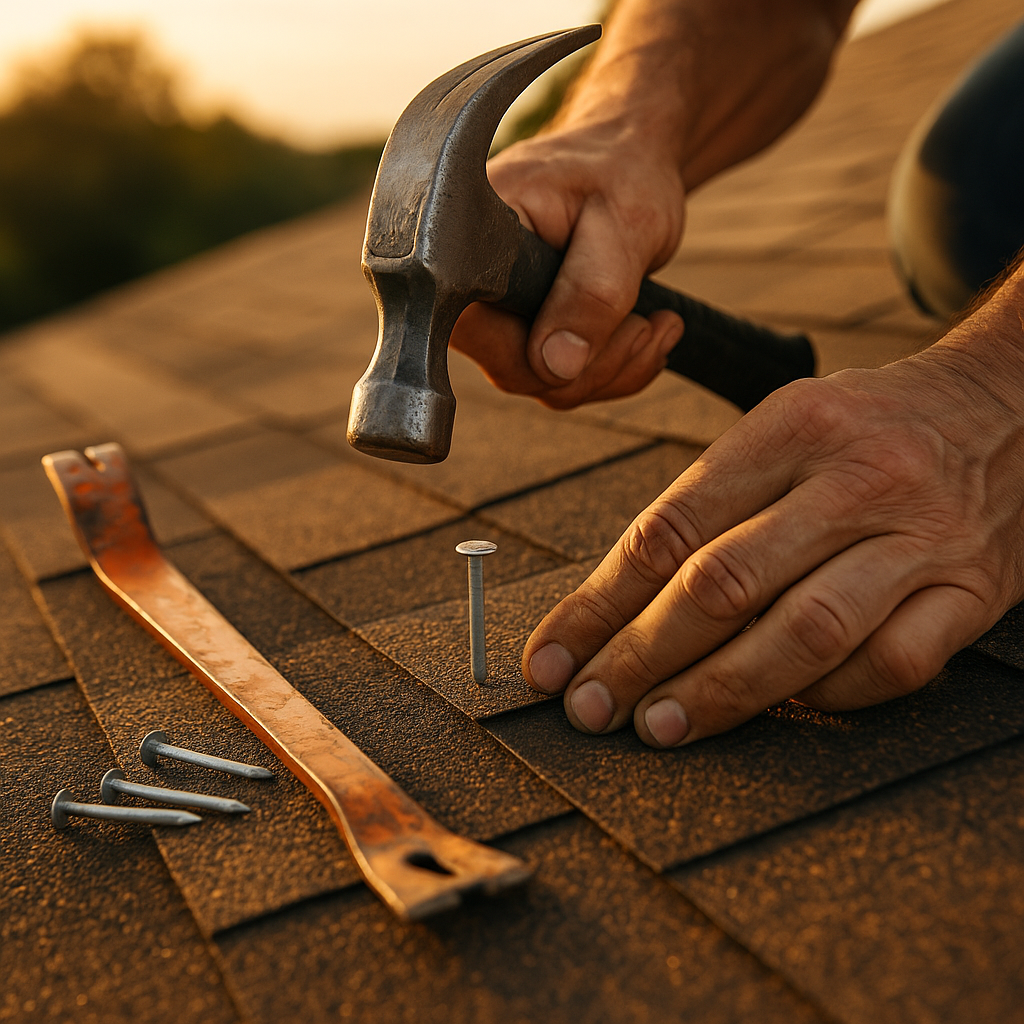 Roofing contractor performing pre-season roof repair on residential home
