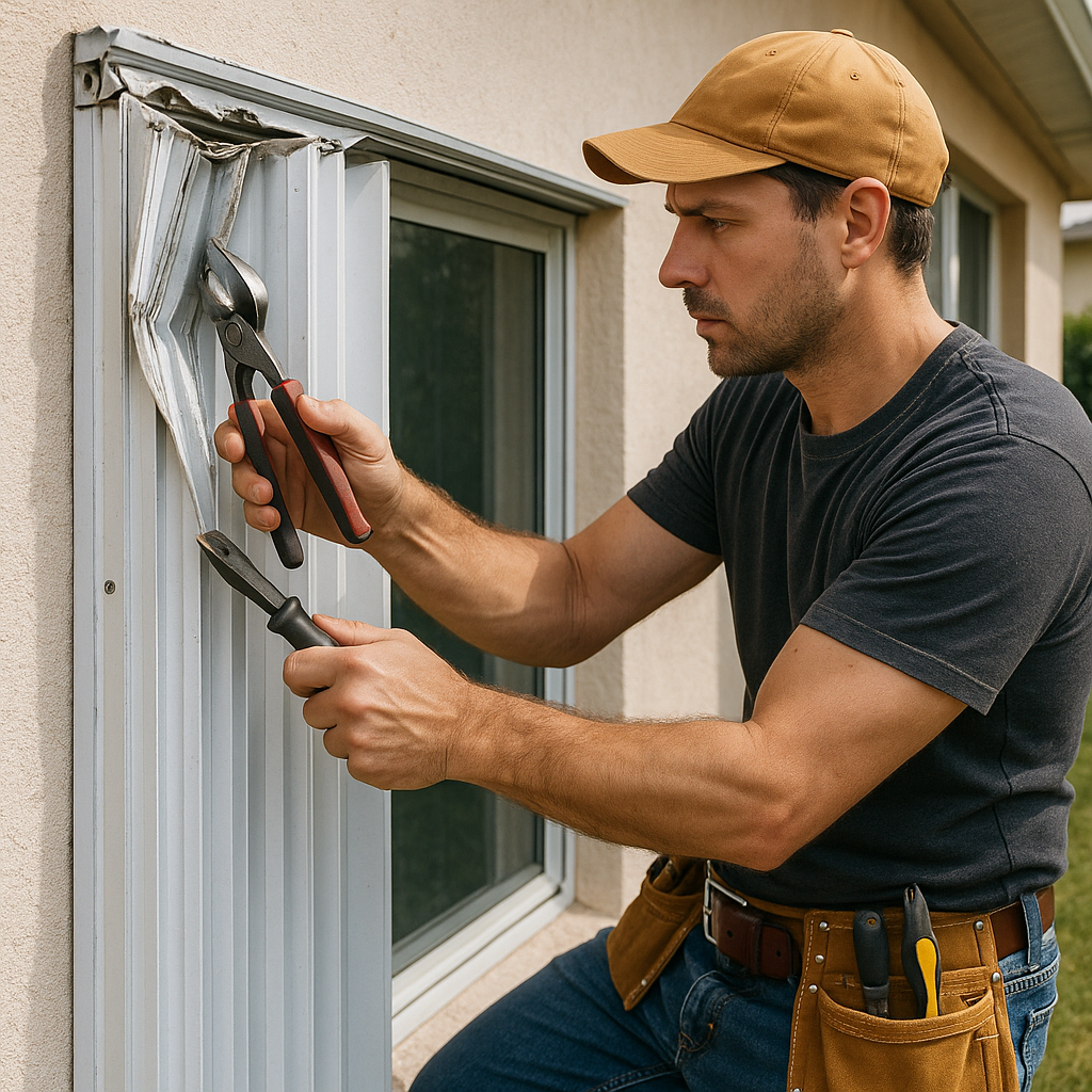 Handyman performing hurricane shutter repair on accordion track and hardware