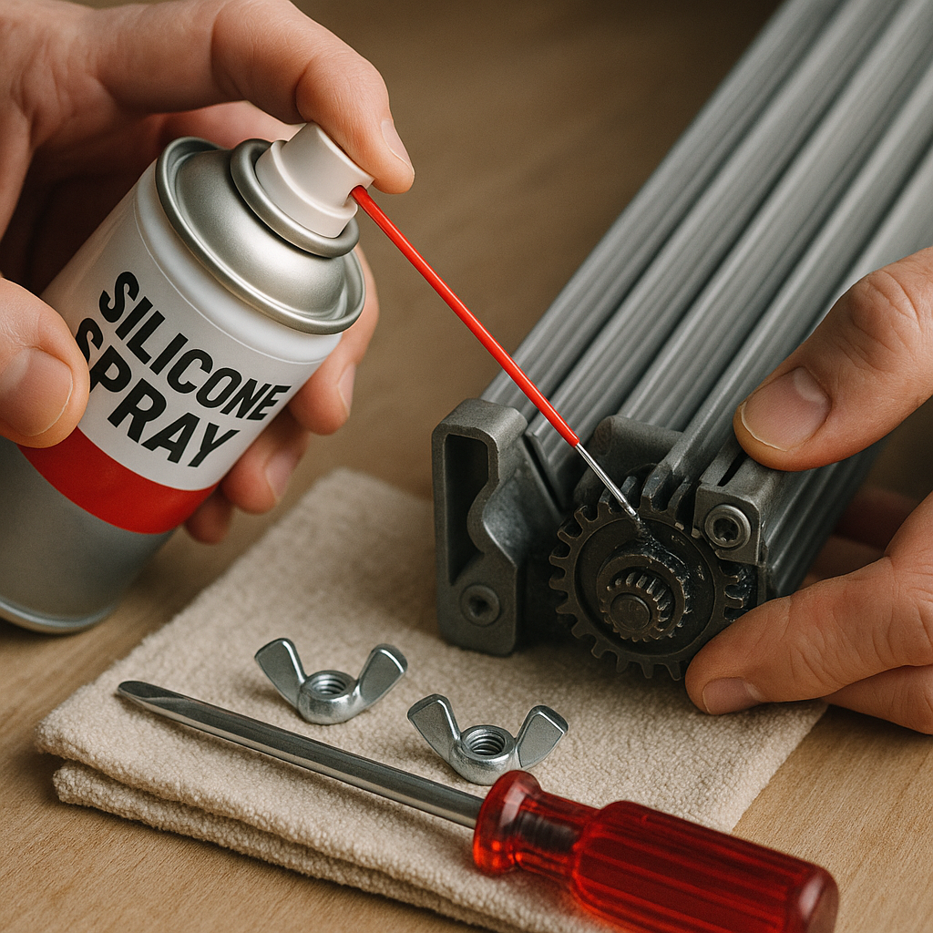 Tools and parts used for stuck hurricane shutter repair and lubrication