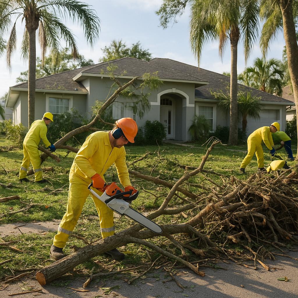 Post-storm cleanup crew handling hurricane debris and water damage in single-visit recovery