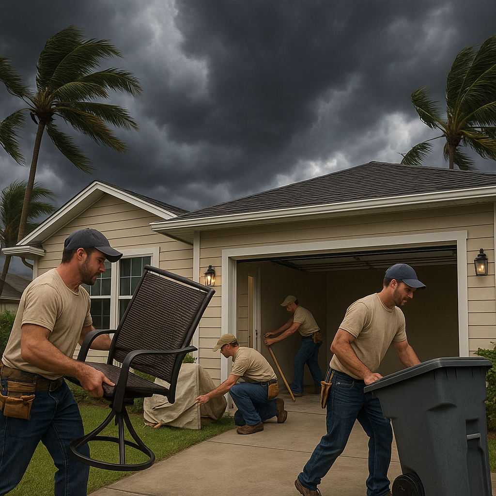 Pre-hurricane storm preparation crew securing outdoor furniture and yard items