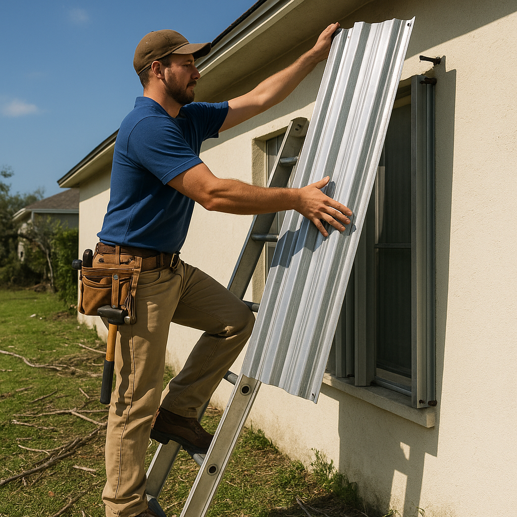 Handyman taking down hurricane shutters after the storm passes