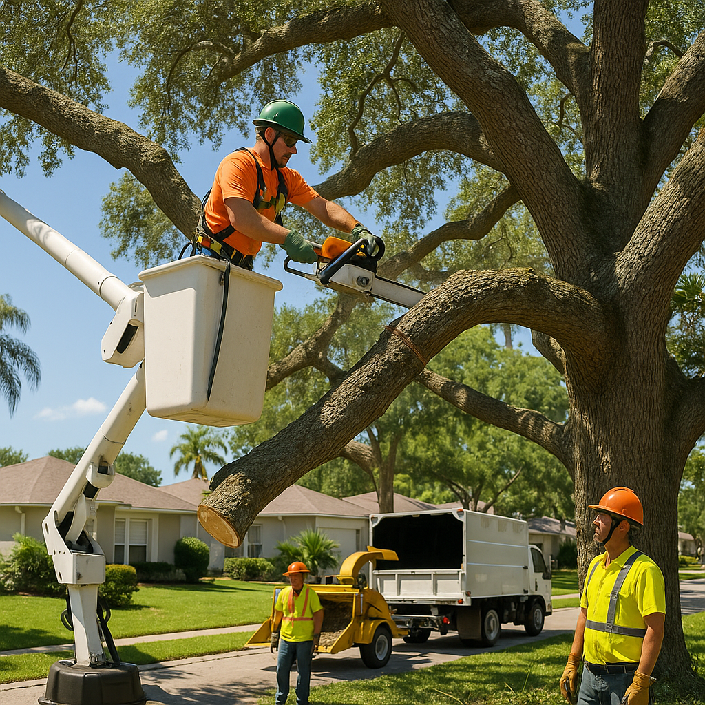 Crew trimming trees for hurricane preparation