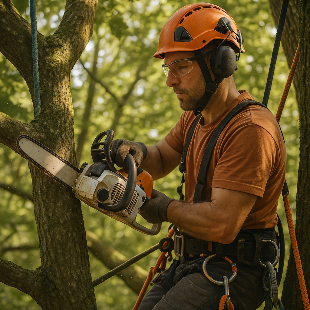 Tree removal crew with chainsaw clearing dangerous limbs before storm season