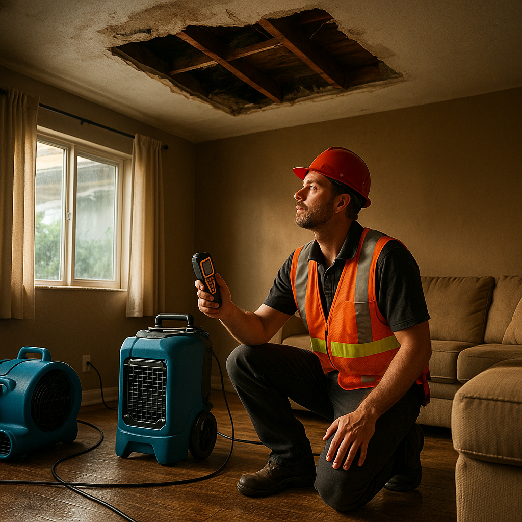 Water damage repair contractor rebuilding hurricane-flooded home interior