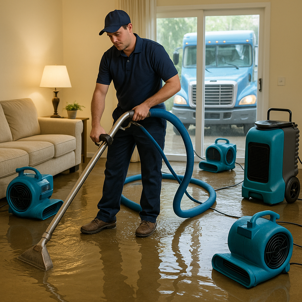 Emergency water extraction crew removing flood water from hurricane-damaged home