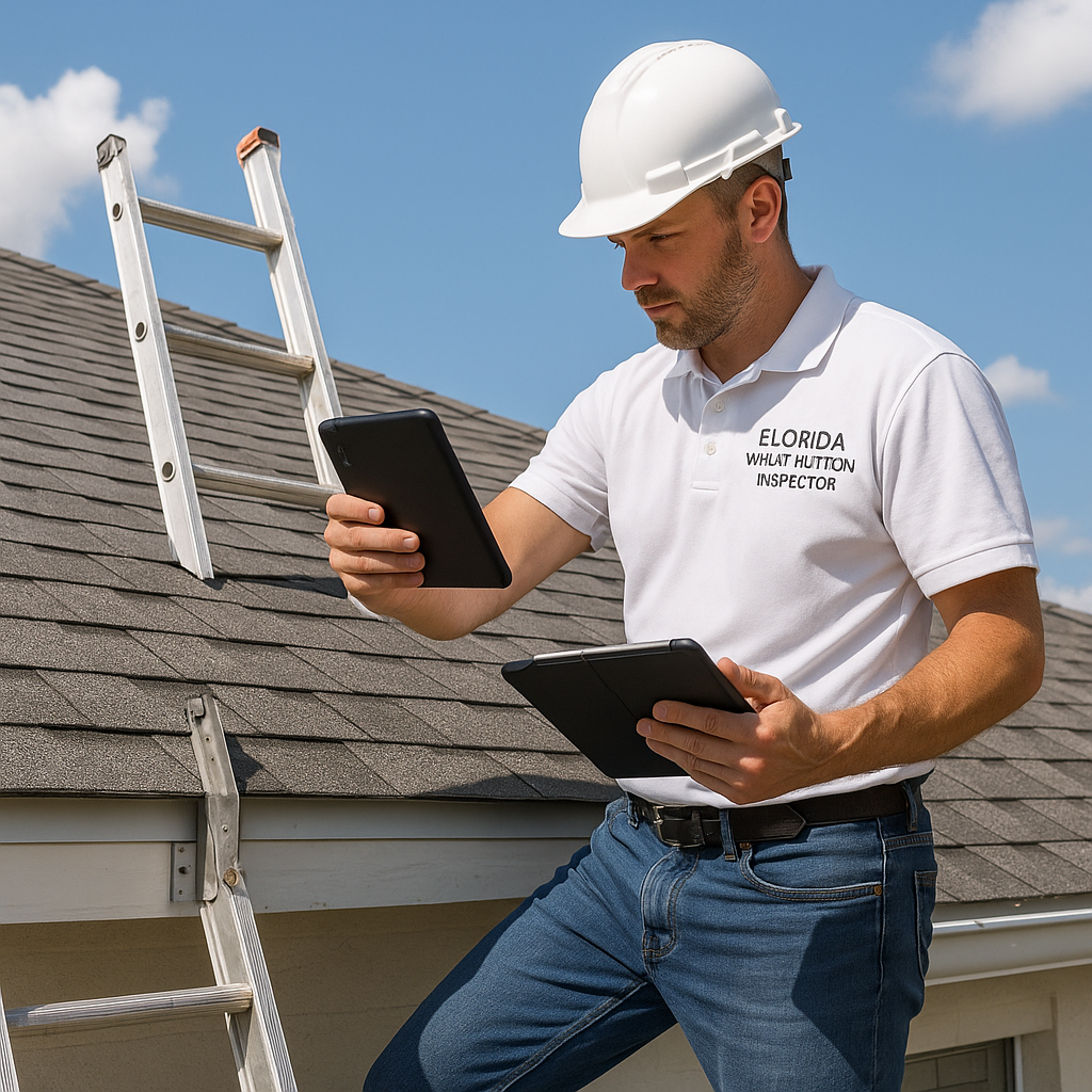 Wind mitigation inspector documenting hurricane-resistant features for OIR-B1-1802 form