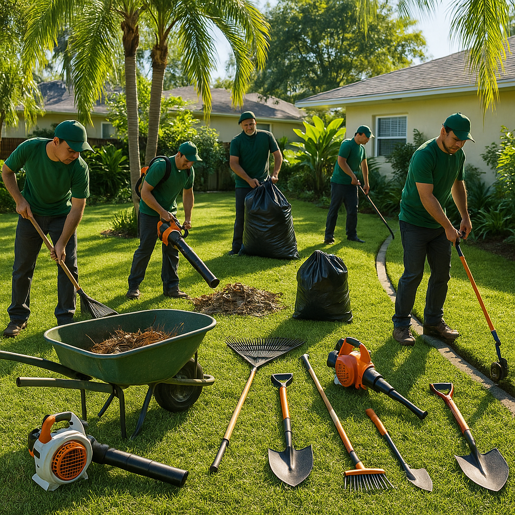 Yard cleanup crew clearing storm debris and branches from residential lawn